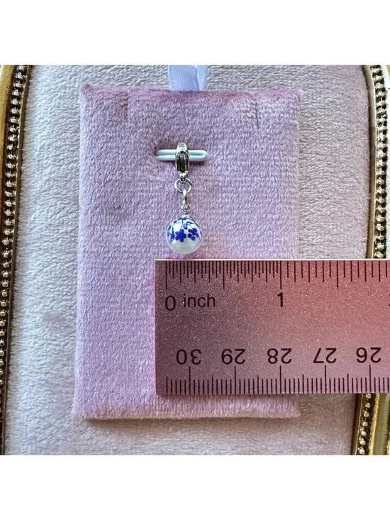 White Glass Pearl Charm With Blue Floral Print & Stainless Steel Lobster Clasp - Picture 5 of 10